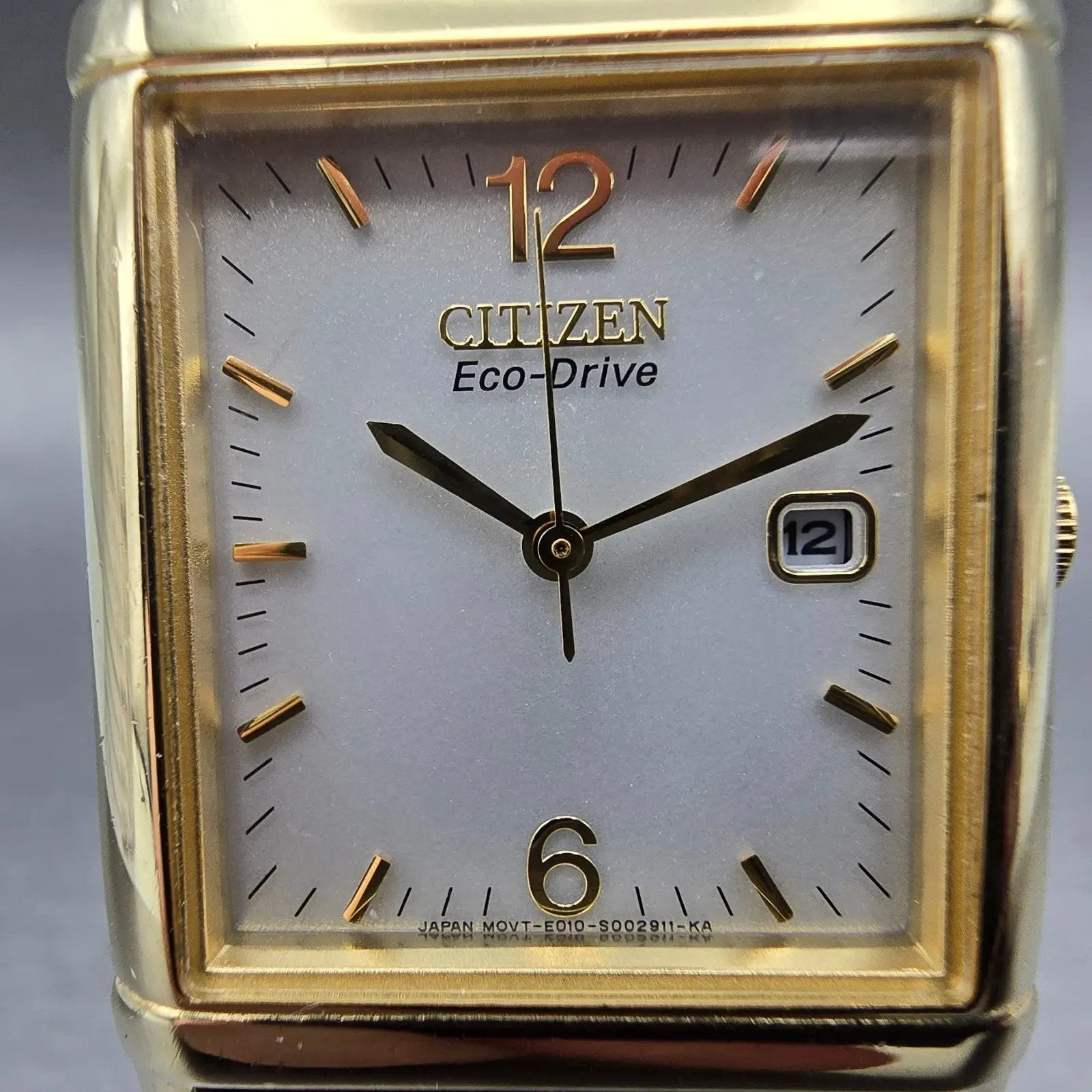 Citizen Eco-Drive Tank Watch Men 25mm Silver Dial Gold Tone Rectangle Date Runs1