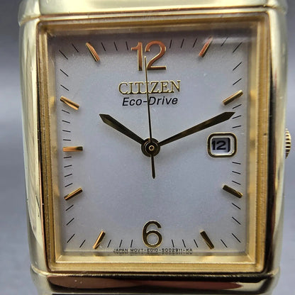 Citizen Eco-Drive Tank Watch Men 25mm Silver Dial Gold Tone Rectangle Date Runs1