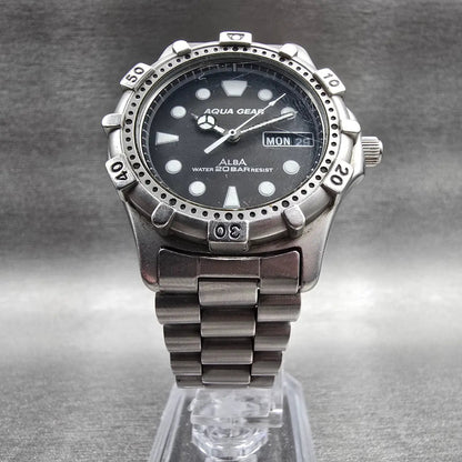 Alba Aqua Gear Dive Watch Men 37mm Gray Dial Silver Daydate V348-6A40 New Batt5