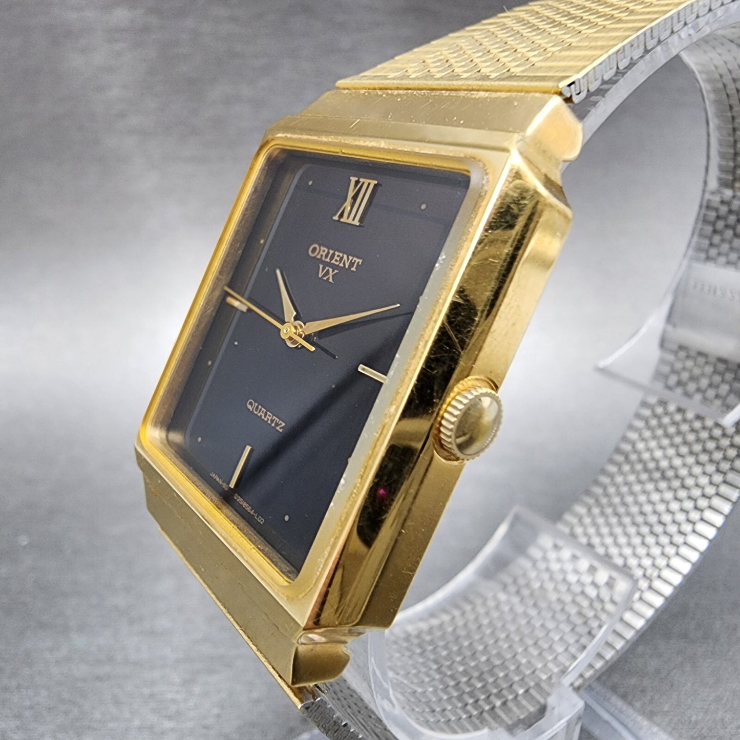 Orient VX Tank Watch men 27mm Black Dial Gold Tone Rectangle New Battery2
