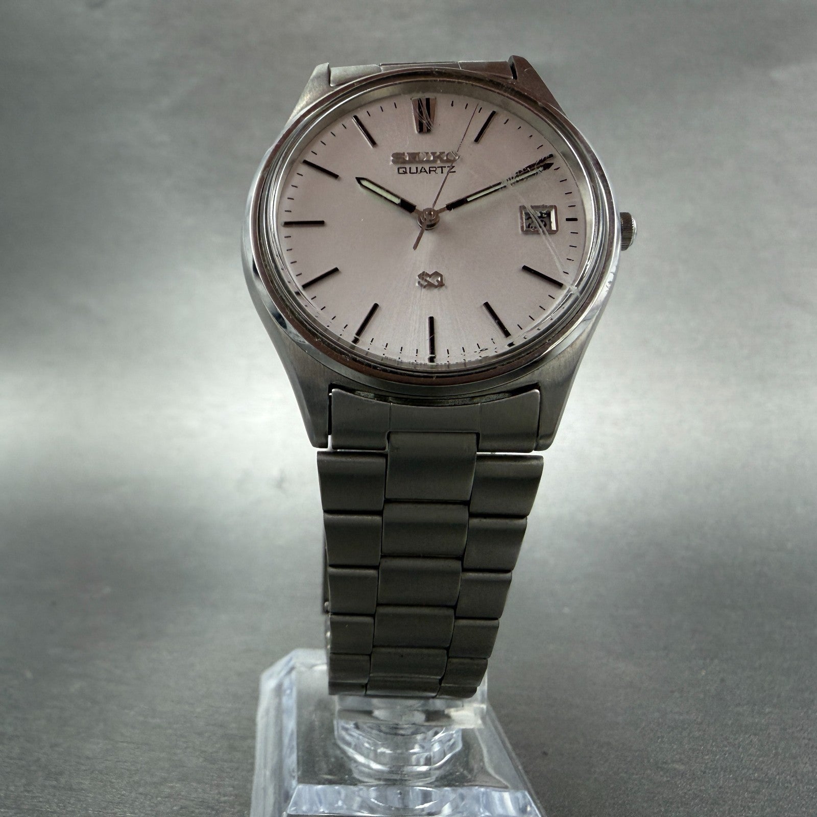 Seiko SQ Watch Men 35mm Silver Dial Silver Tone Date Round 5Y22-8020 New Battery5