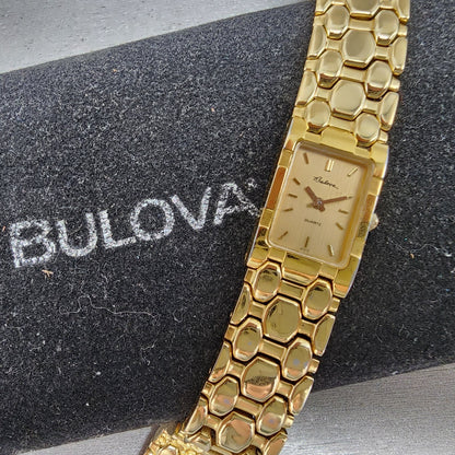 Bulova Tank Watch Women 17mm Gold Dial Gold Tone Rectangle 92H72 New Battery0