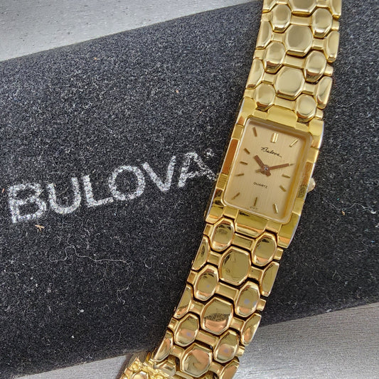 Bulova Tank Watch Women 17mm Gold Dial Gold Tone Rectangle 92H72 New Battery0