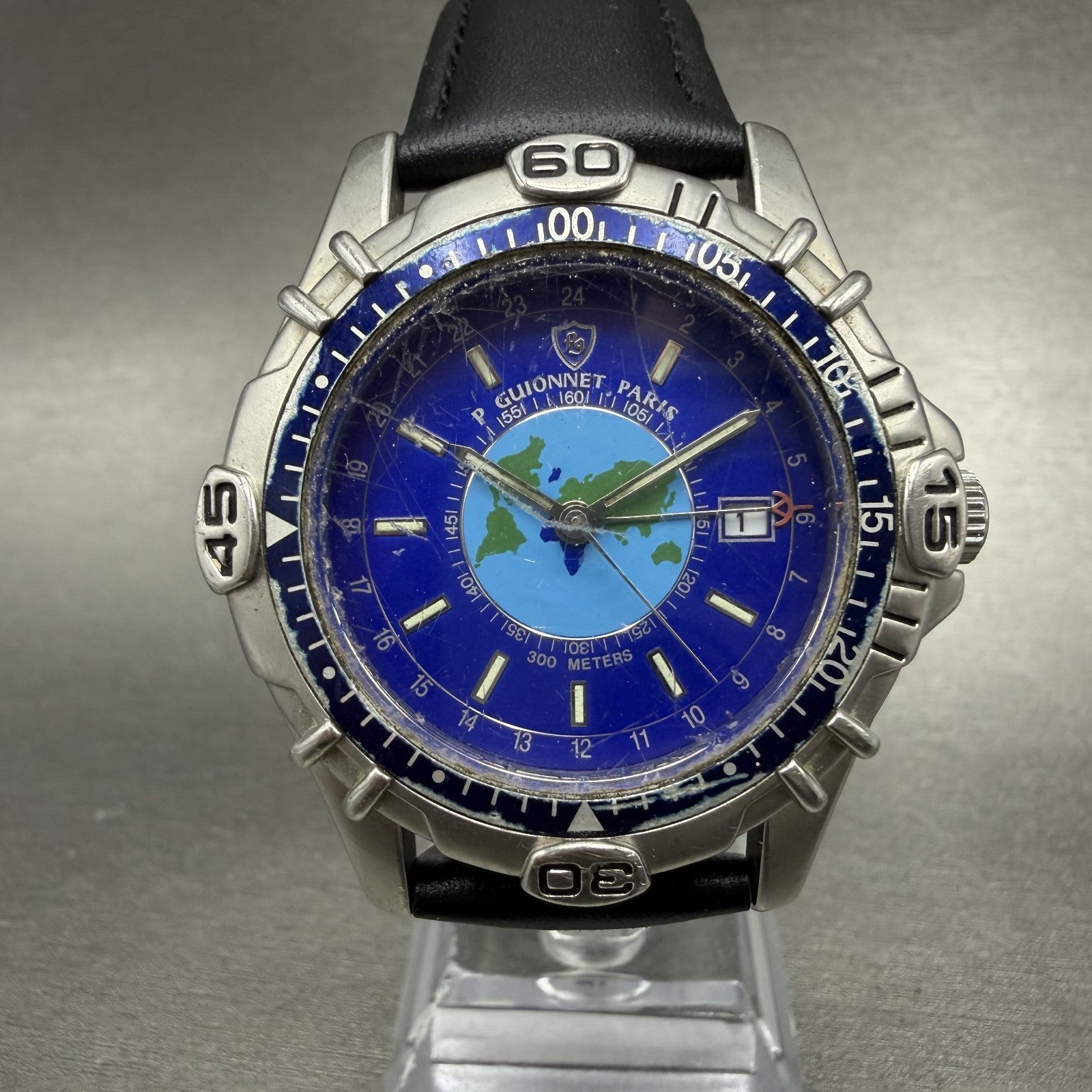 P Guionnet GMT Watch Men 40mm Blue Dial Steel Date Round  New Battery0