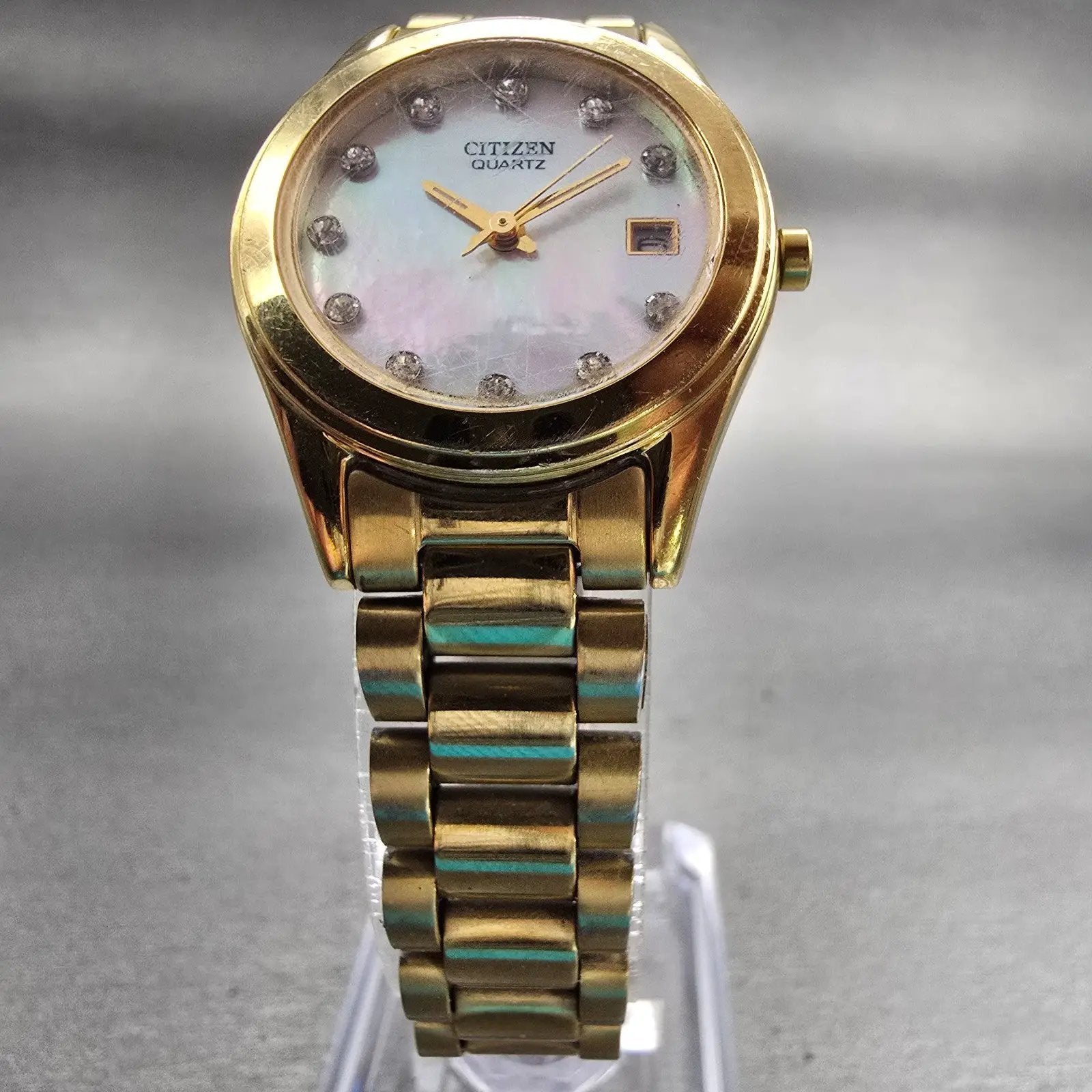 Citizen Watch Women 26mm MOP Dial Gold Tone Gemmed Date 1012-S075688 New Battery5