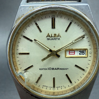 Seiko Alba Watch Men 35mm Champagne Dial Two Tone Daydate V743-8A10 New Battery21