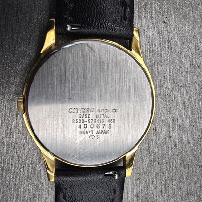 Citizen CQ Watch Men 34mm Black Dial Gold Tone Daydate 2500-S76418 New Battery10