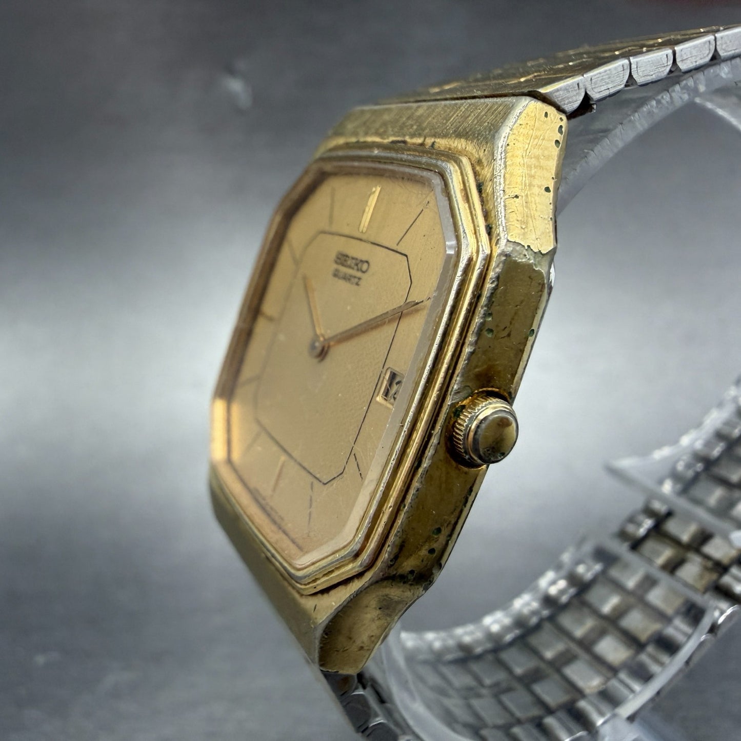 Seiko Tank Watch Men 29mm Champagne Dial Gold Tone Date Octagon 6439-5039 PARTS3