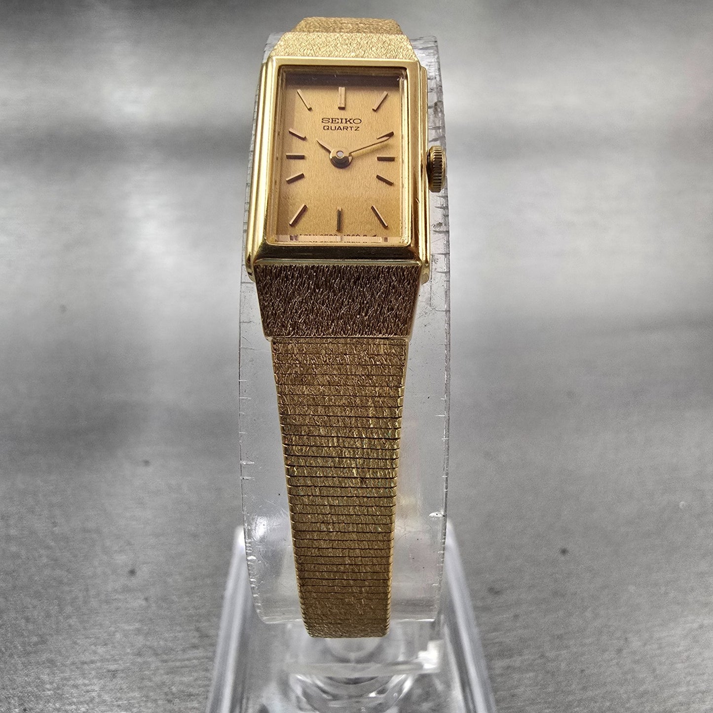 Seiko Watch Women 12mm Gold Dial Gold Tone Rectangle 2E20-6479 New Battery VTG5