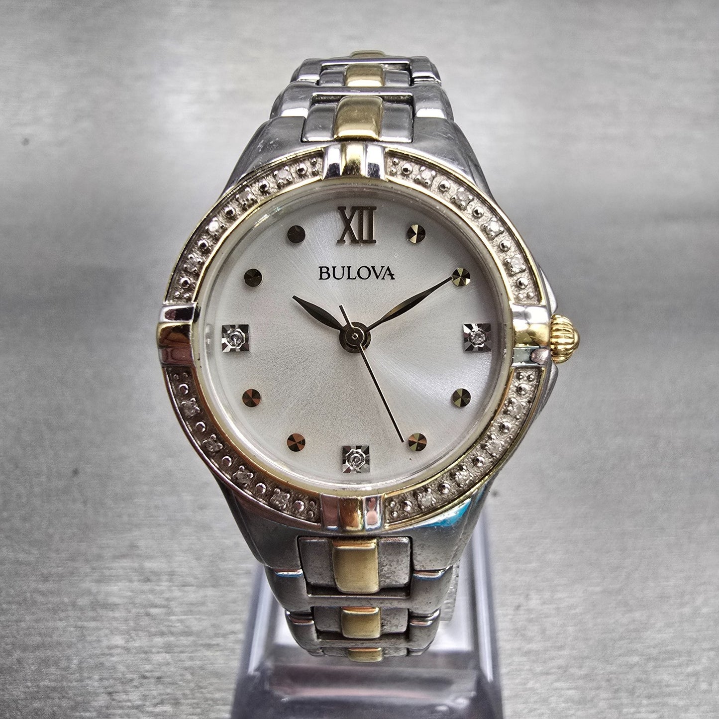 Bulova Watch Women 26mm Silver Dial Two Tone Gemmed Bezel 98R166 New Battery0