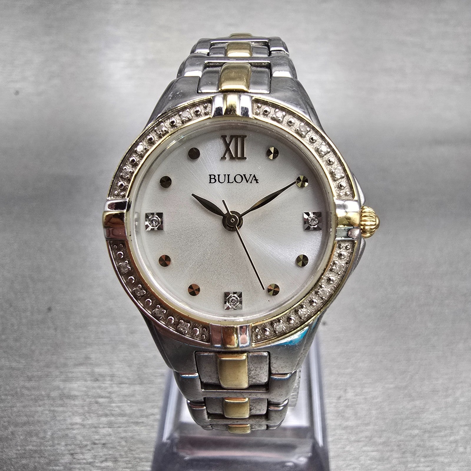 Bulova Watch Women 26mm Silver Dial Two Tone Gemmed Bezel 98R166 New Battery0