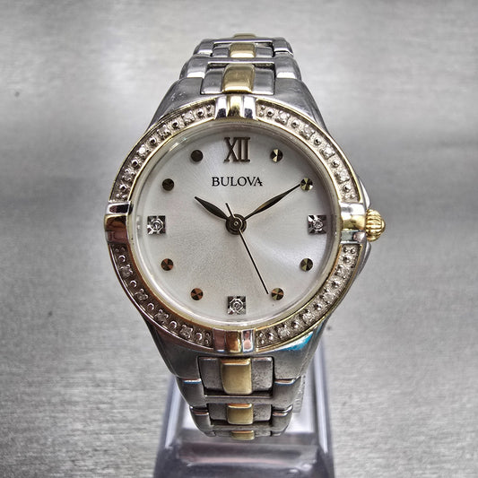 Bulova Watch Women 26mm Silver Dial Two Tone Gemmed Bezel 98R166 New Battery0