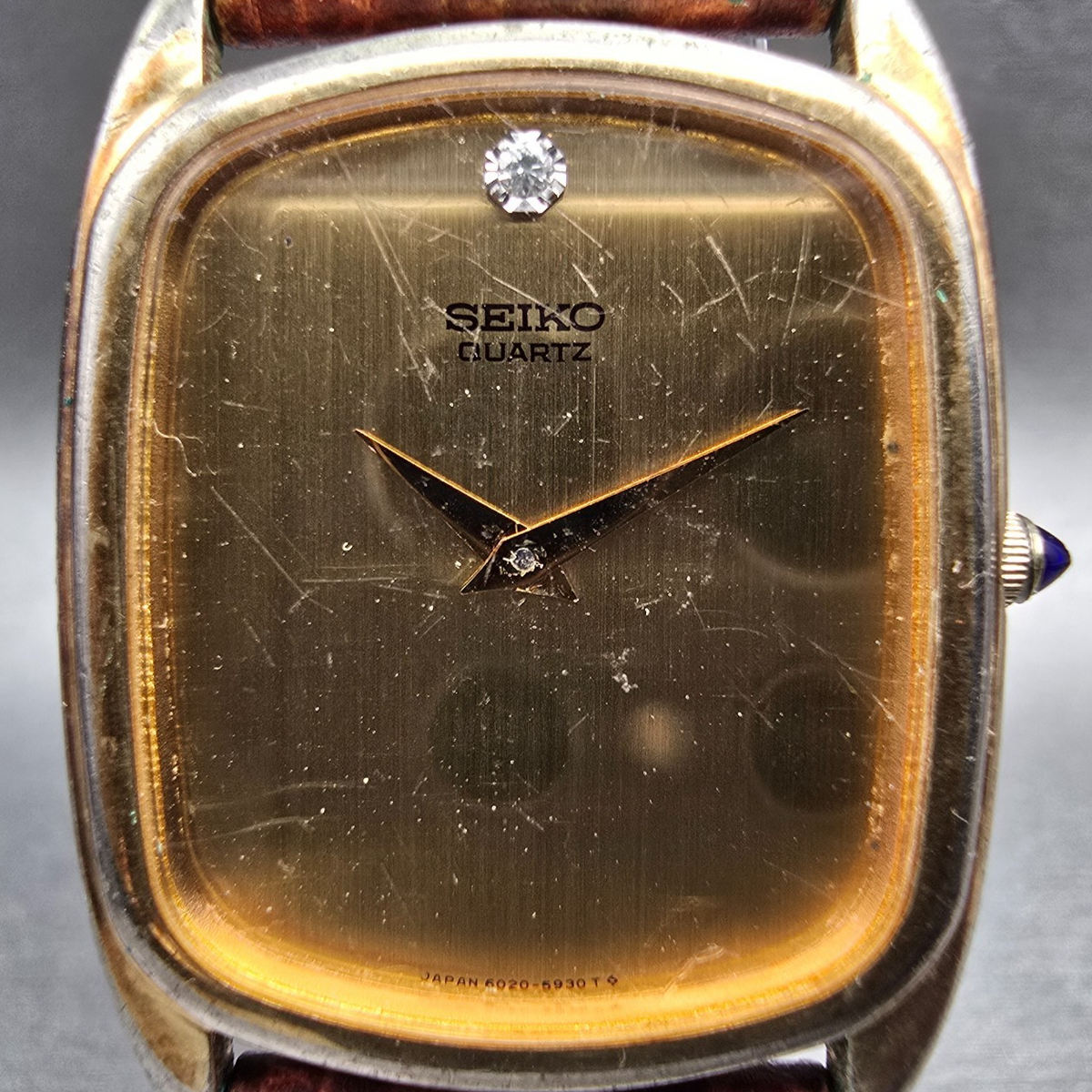 Seiko Tan Watch Men 26mm Gold Dial Gold Tone Rectangle 6020-5699 New Battery VTG1