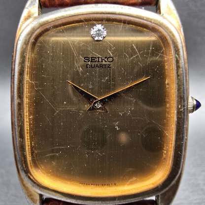 Seiko Tan Watch Men 26mm Gold Dial Gold Tone Rectangle 6020-5699 New Battery VTG1