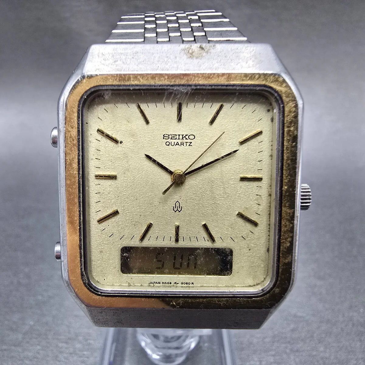 Seiko Analog Digital Watch Men 31mm Champagne Dial Two Tone H449-5050 New Batt0