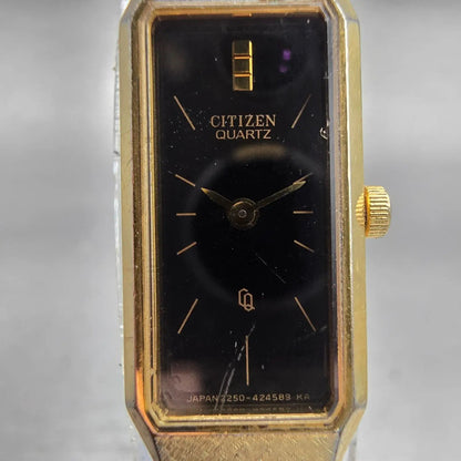 Citizen CQ Watch Women 12mm Black Dial Gold Tone Rectangle 2250-223373 New Batt1