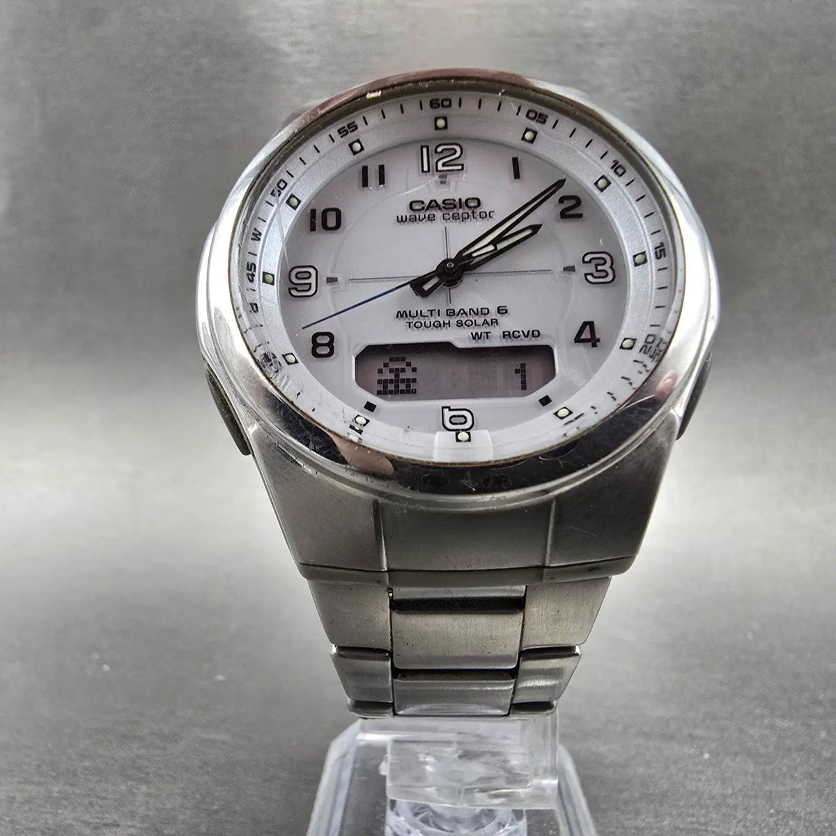 Casio Wave Ceptor Watch Men 42mm White Dial Steel Solar Analog Digital Works JDM5