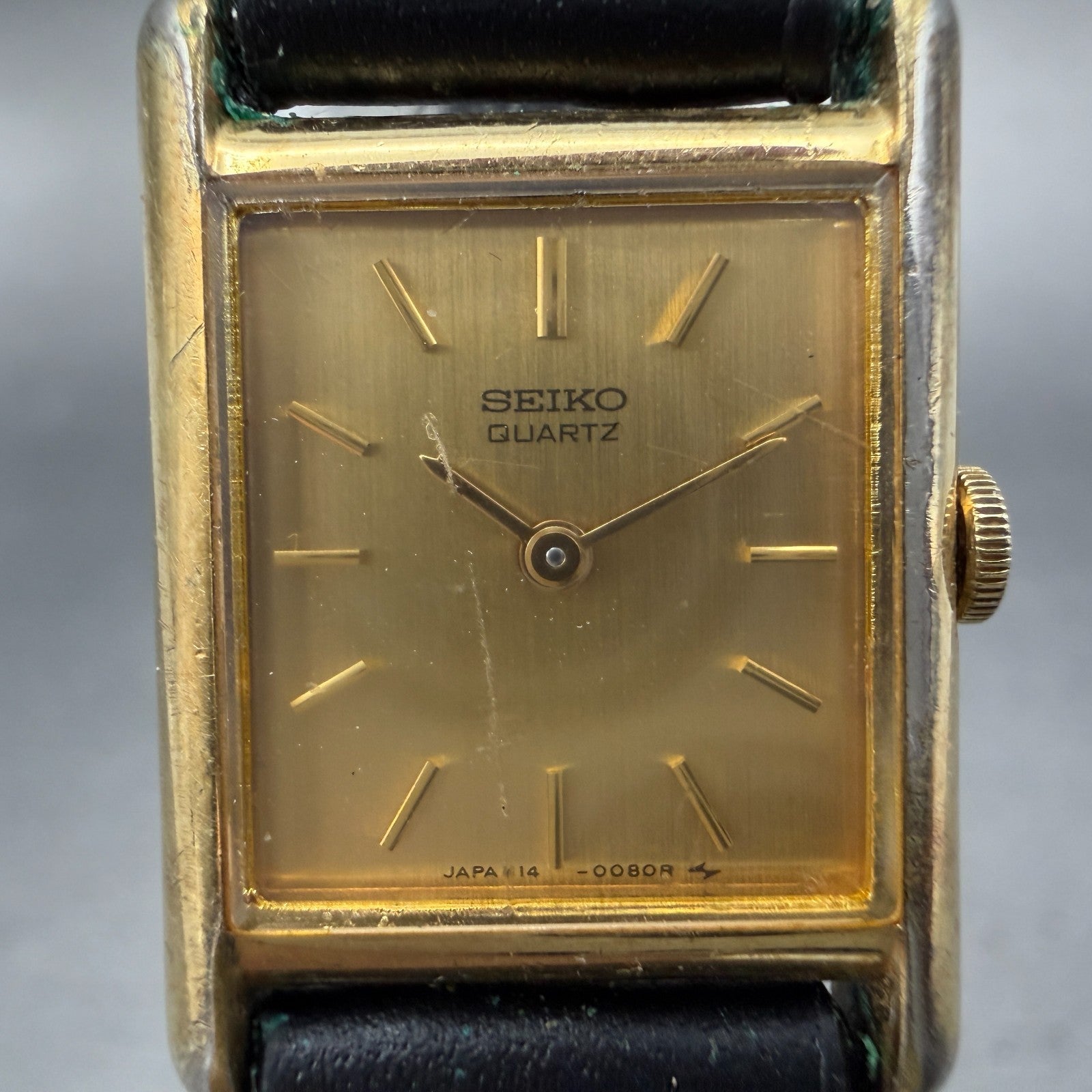 Seiko Tank Watch Women 18mm Champagne Dial Gold Tone VTG 1400-5039 New Battery1