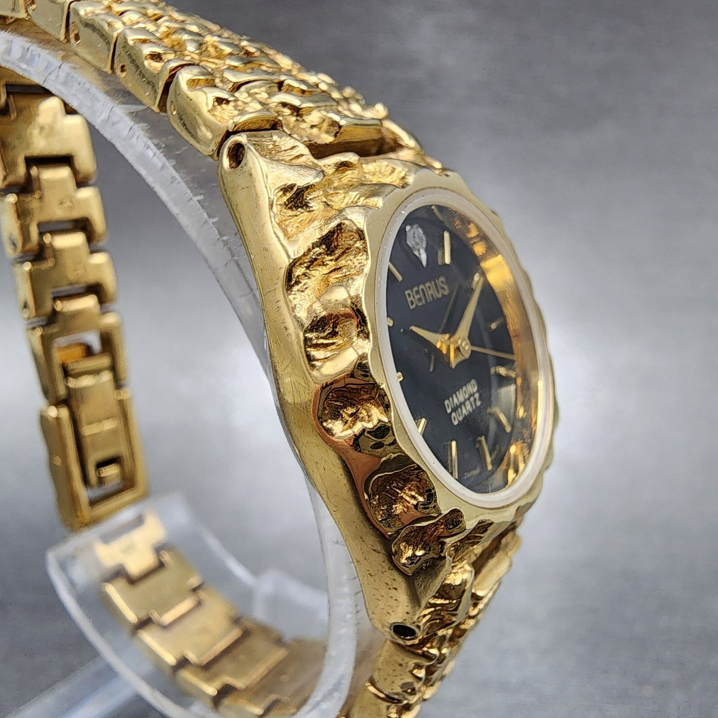 Benrus Gold Nugget Watch Women 23mm Black Dial Gold Tone Round New Battery3