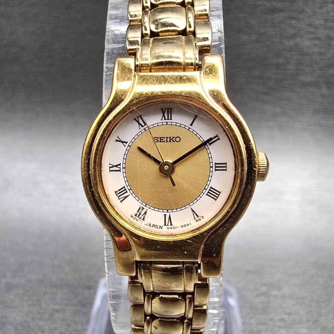 Seiko Watch Women 19mm Gold Dial Gold Tone Round V401-0289 New Battery VTG JPK0