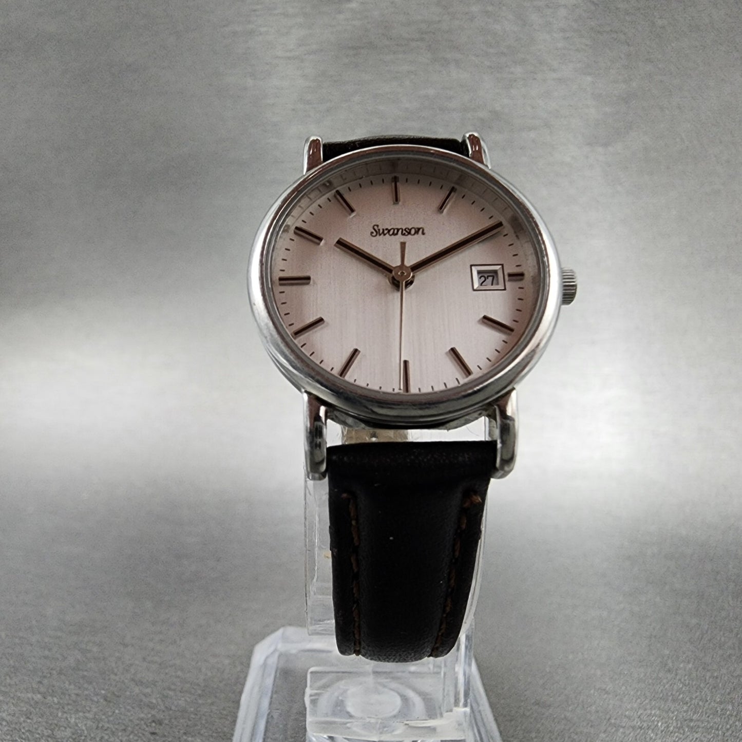 Swanson Watch Women 24mm Silver Dial Steel Date Round Leather New Battery