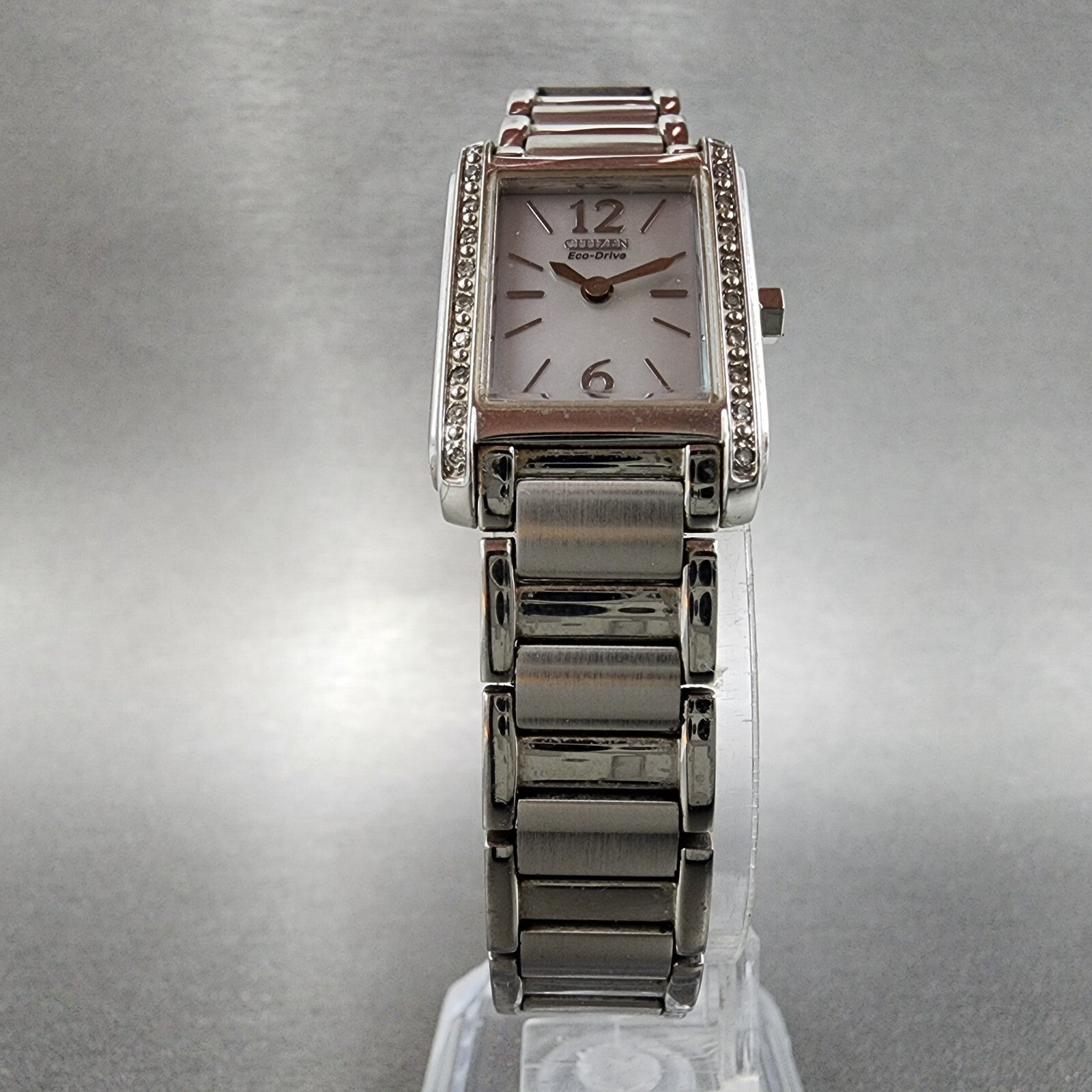 Citizen EcoDrive Tank Watch Women 19mm MOP Dial Silver Tone Diamond Bezel Runs5