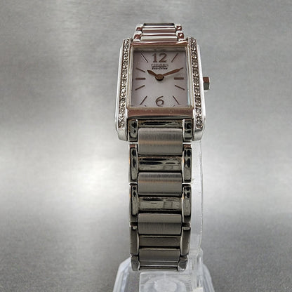 Citizen EcoDrive Tank Watch Women 19mm MOP Dial Silver Tone Diamond Bezel Runs5