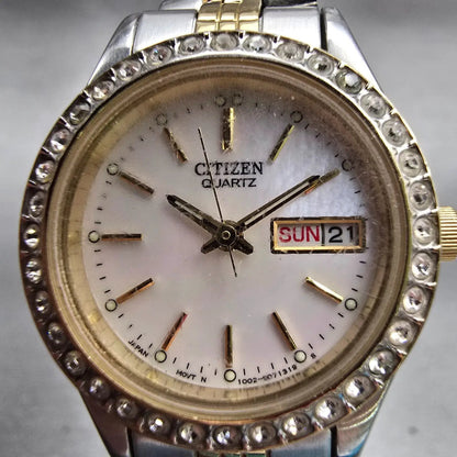 Citizen Watch Women 25mm MOP Dial Two Tone Daydate Gemmed 1002-S044464 New Batt1
