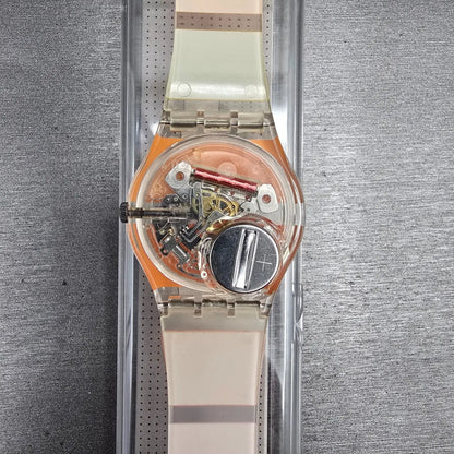 Swatch Orange Painted Time Watch Men 34mm Clear Case GK378 New Battery NOS8