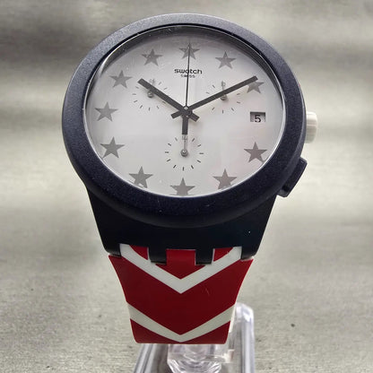 Swatch Free & Brave Chronograph Watch Men White Dial Blue Date SUSZ401 New Batt25