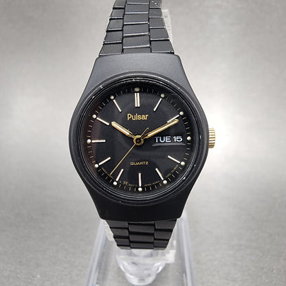 Pulsar Watch Women 25mm Black Dial Black Tone Daydate Round Y6430330 New Batt0
