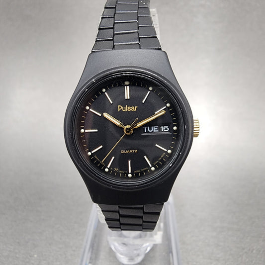 Pulsar Watch Women 25mm Black Dial Black Tone Daydate Round Y6430330 New Batt0