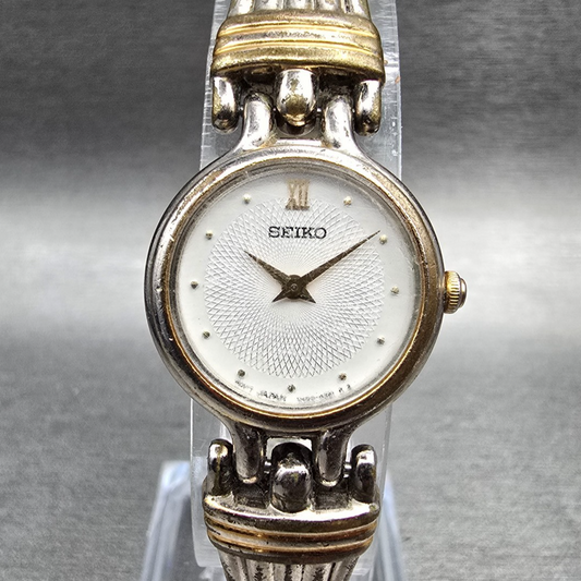 Seiko Watch Women 25mm White Dial Two Tone Round V400-1229 New Battery VTG JP 230