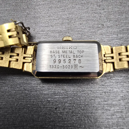 Seiko Watch Women 12mm Gold Dial Gold Tone Rectangle 1320-5029 New Battery VTG D10