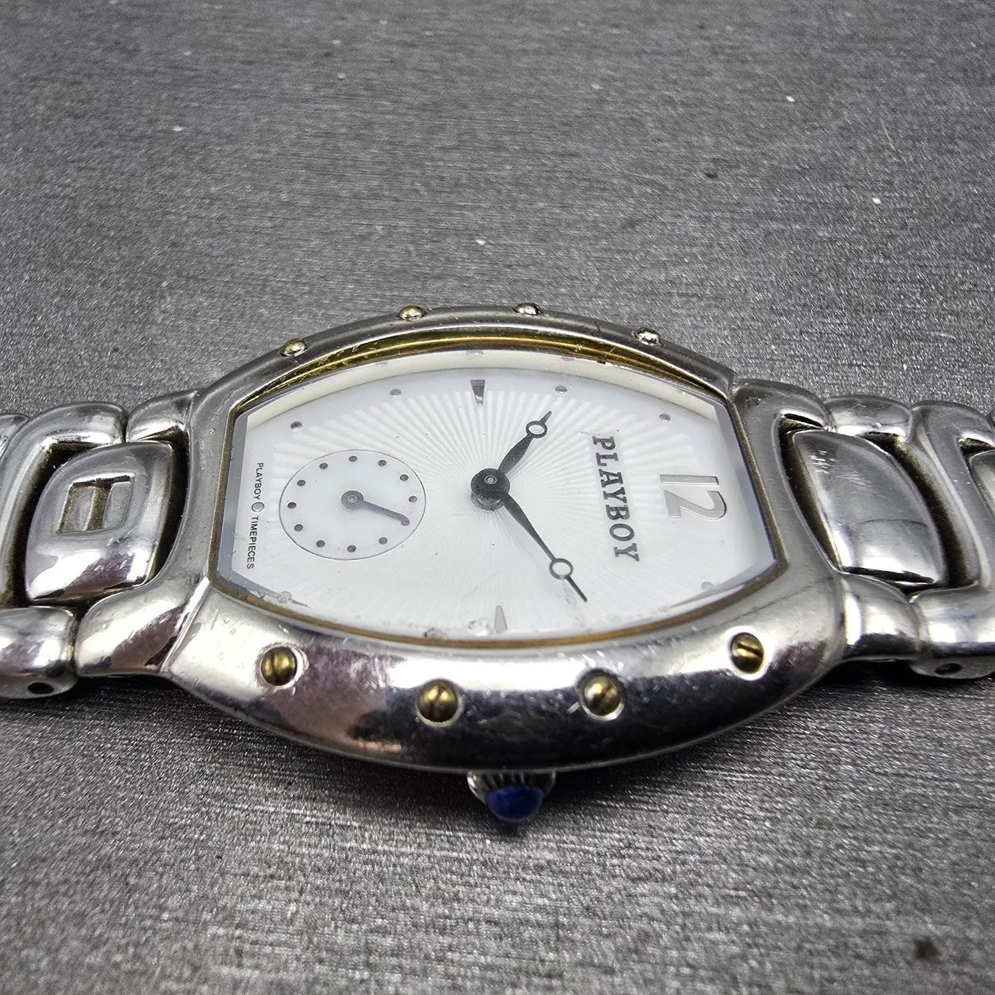 Playboy Watch Men 29mm White Dial Silver Tone Oval New battery MISSING CLASP!!!3