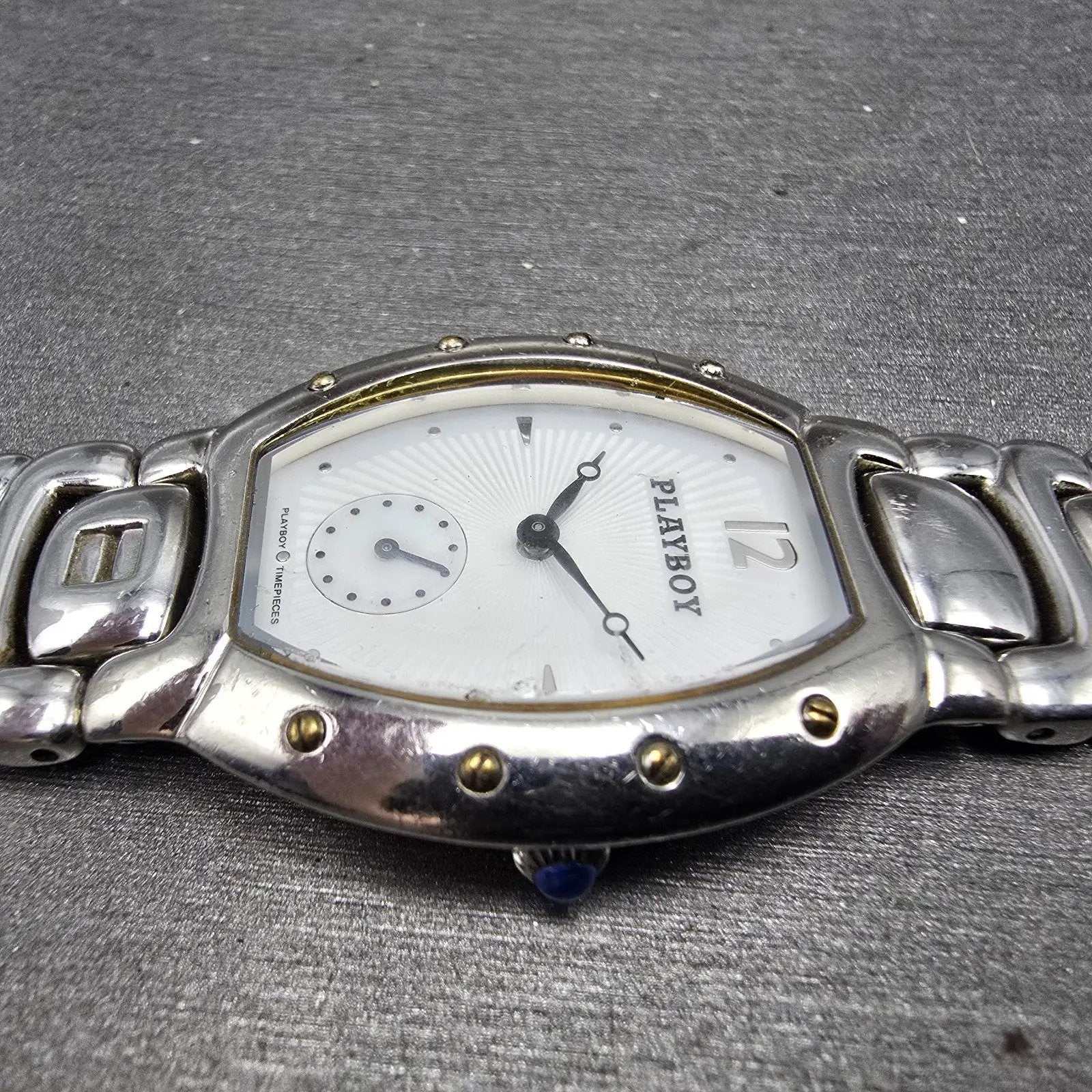 Playboy Watch Men 29mm White Dial Silver Tone Oval New battery MISSING CLASP!!!3