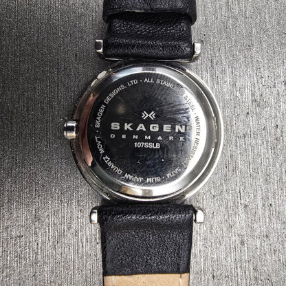 Skagen Watch Women 25mm Black Dial Silver Tone Round 107SSLB New Battery Leather10