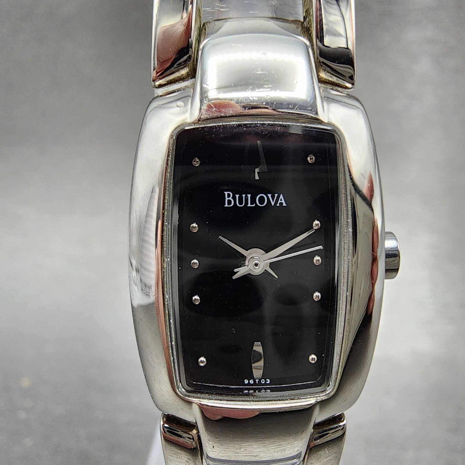 Bulova Tank Watch Women 17mm Black Dial Steel Rectangle 96T03 New Battery7