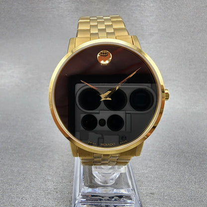 Movado Museum Watch Men 40mm Black Dial Gold Tone Round Bracelet Swiss 06072030