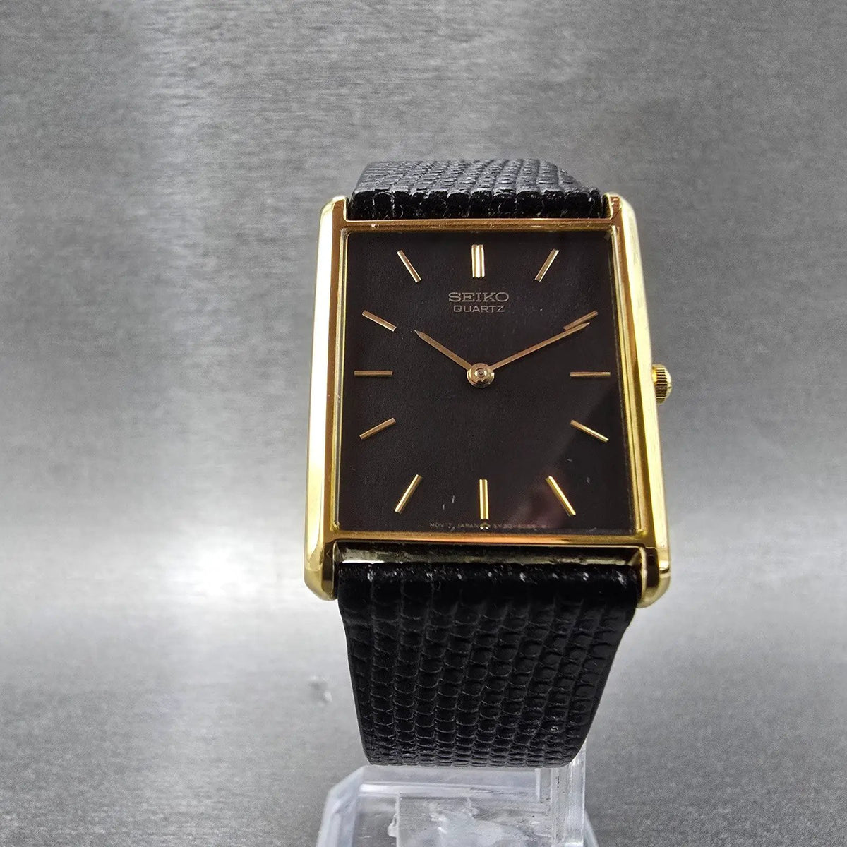 Seiko Tank Watch Men 25mm Black Dial Gold Rectangle 5Y30-5069 New Battery JP26