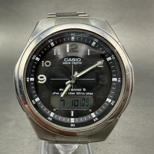Casio Wave Ceptor Watch Men 41mm Black Dial Silver Tone Ana Digi Solar Works0