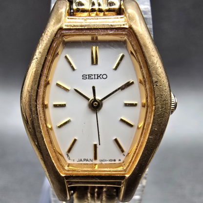 Seiko Watch Women 18mm White Dial Gold Tone Oval 1N01-5C19 New Battery Vintage J1