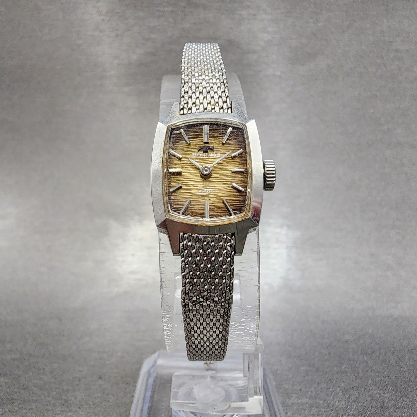 Technos Tank Watch Women 16mm Gold Dial Silver Tone Rectangle Manual Wind Runs5