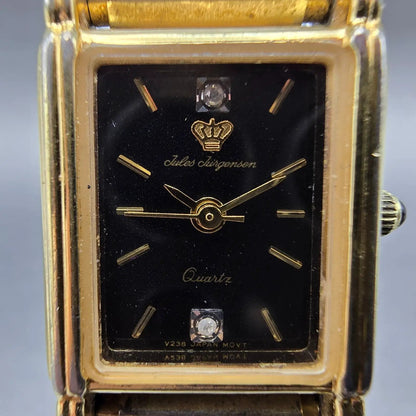Jules Jurgensen Watch Women 18mm Black Dial Gold Tone Rectangle New Battery VTG1