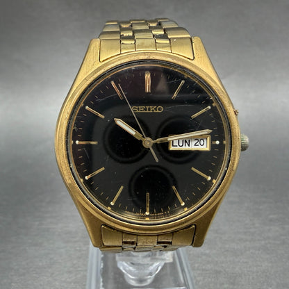 Seiko Watch Men 37mm Black Dial Gold Tone Daydate Round 7N43-9048 New Battery 391