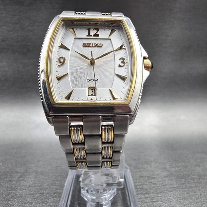 Seiko Watch Men 30mm Silver Dial Two Tone Date Rectangle 7N32-0CS0 New Battery5