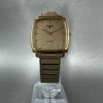 Seiko Pulsar Tank Watch Men 29mm Champagne Dial Gold Tone Y4816280 New Battery5