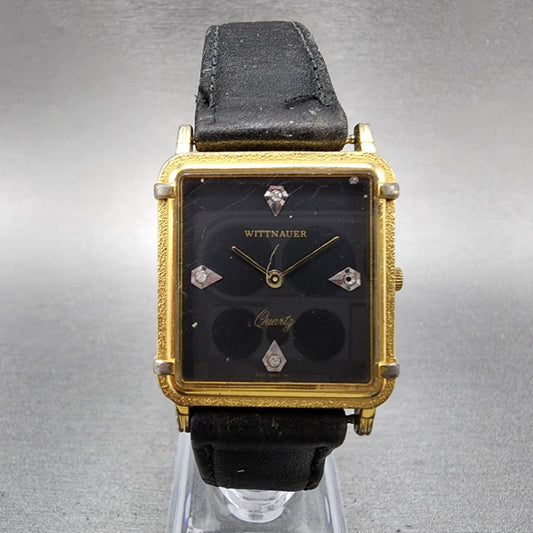 Wittnauer Tank Watch Men 28mm Black Dial Gold Tone Rectangle READ!!!!!! New Batt0