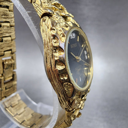 Benrus Gold Nugget Watch Women 25mm Black Dial Gold Tone Date Round New Battery3