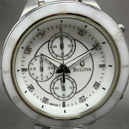 Bulova Chronograph Watch Women 40mm White Dial Silver Tone 98P125 New Battery1